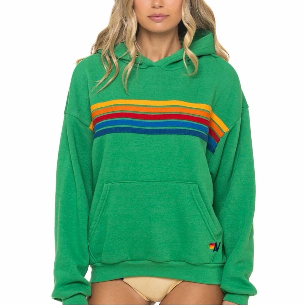 AVIATOR NATION 5 STRIPE RELAXED PULLOVER HOODIE - KELLY GREEN - SIZE S